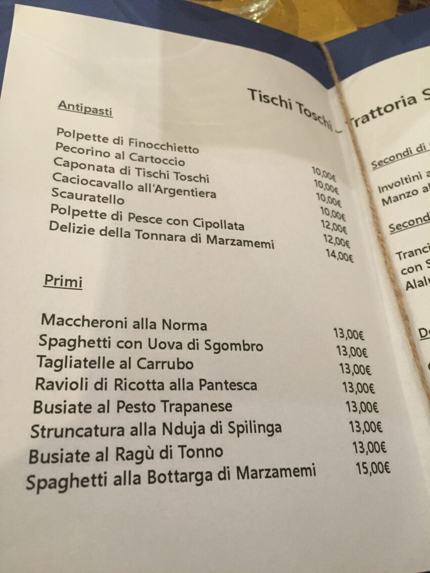 Tischi toschi Roma menu