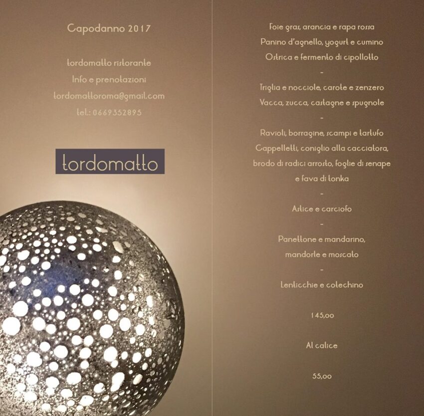 Cenone di Capodanno a Roma 2017: Tordomatto prezzo e menu