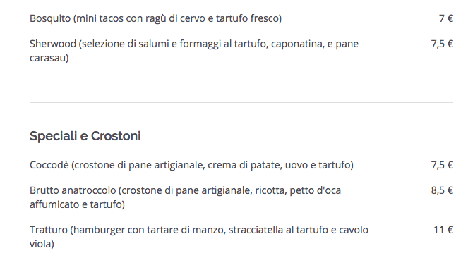 Menu e prezzi Da Bosco officine del tartufo