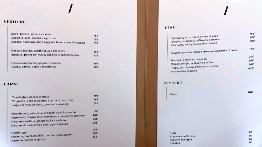 Altrimenti Milano, il menu del ristorante di Boer