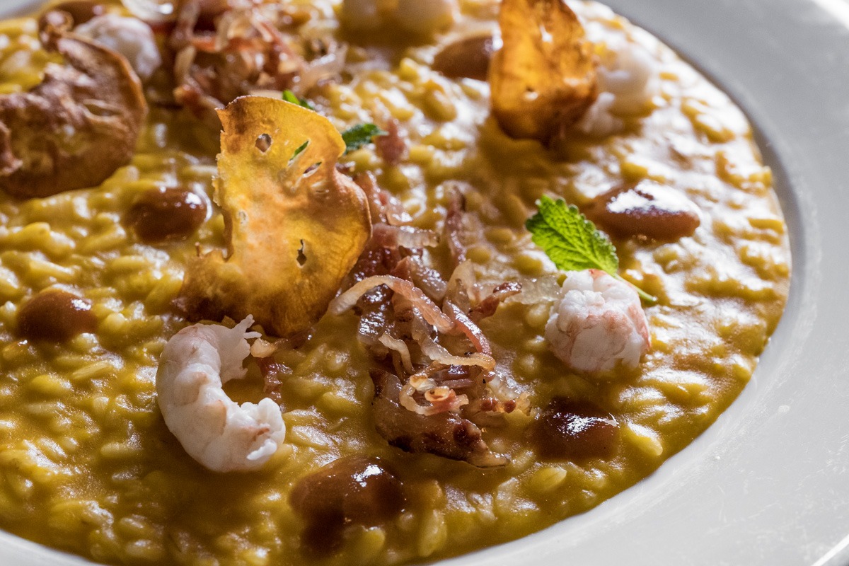 Ricetta risotto zucca scampi guanciale - Osteria delle Corti - Halloween 2020