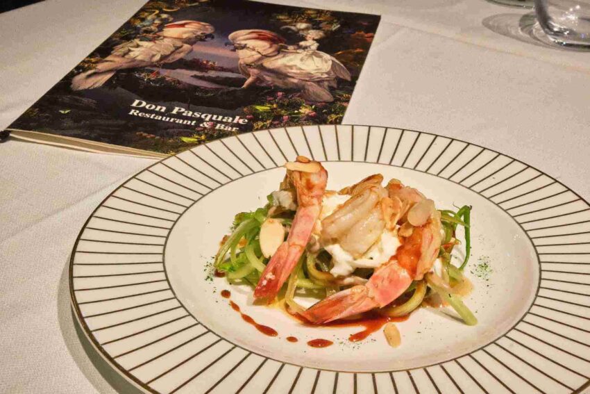 DON PASQUALE a Roma, Mazzancolle arrosto, puntarelle, burrata, scaglie di mandorle