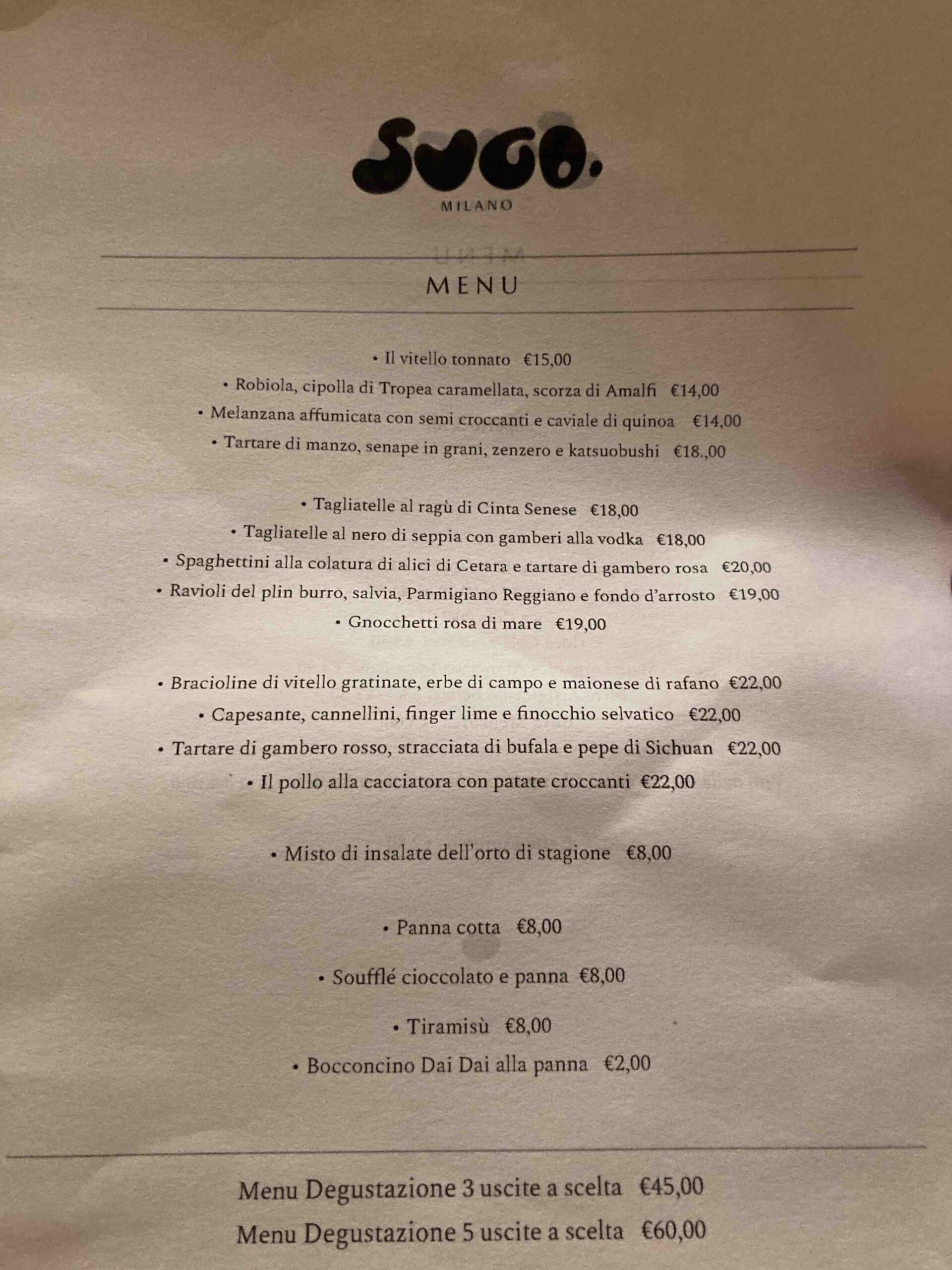 sugo milano menu e prezzi