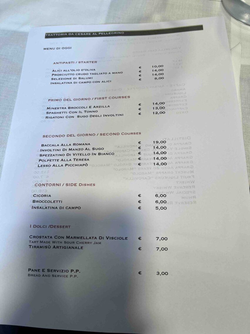 Da Cesare al Pellegrino menu prezzi