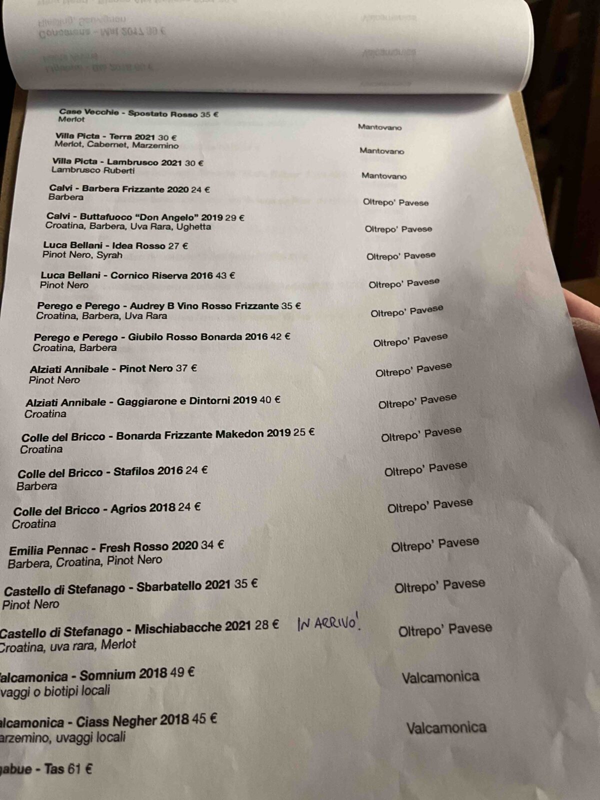 Trattoria Sincera a Milano carta dei vini