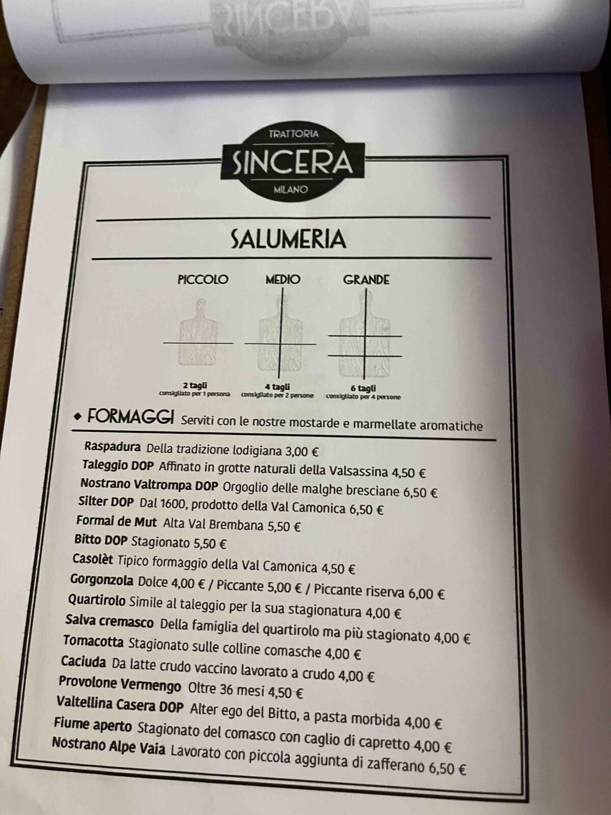 Trattoria Sincera a Milano formaggi