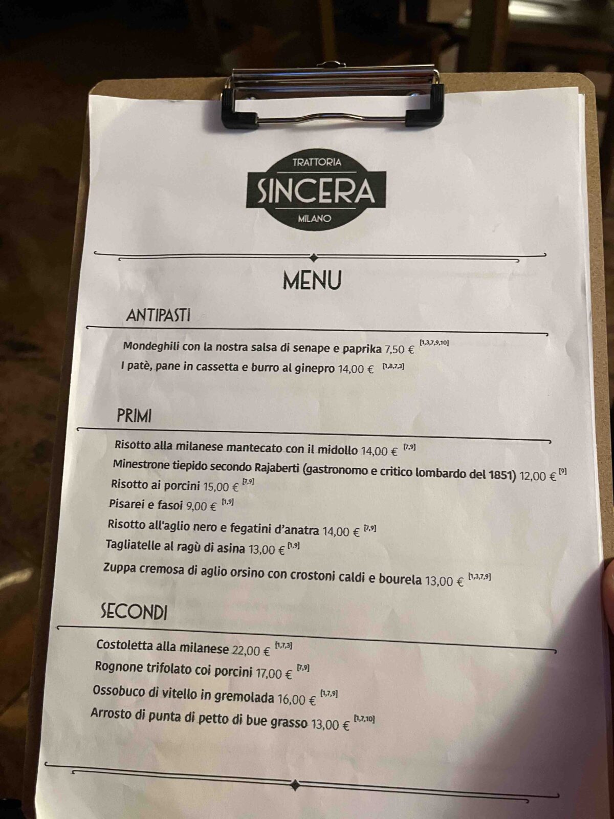 Trattoria Sincera a Milano menu primi
